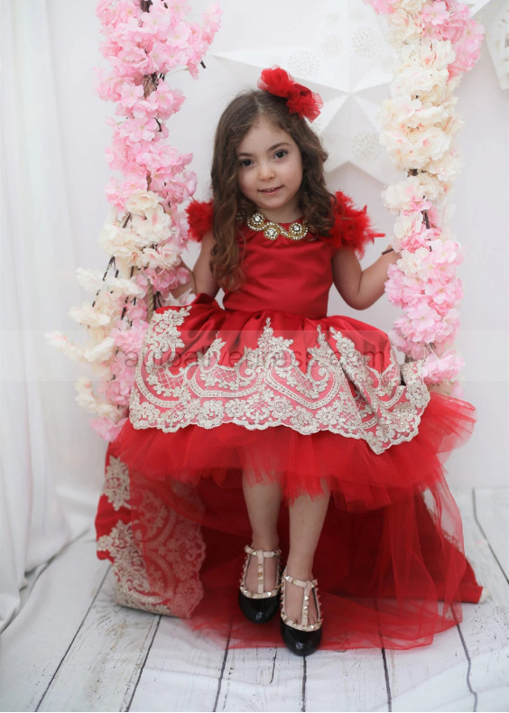 Red Beaded High Low Flower Girl Dress Birthday Dress